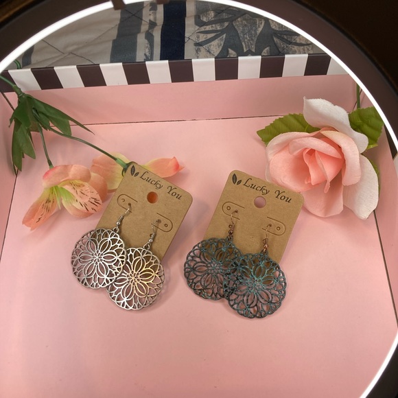 LUCKY YOU Silver Fishhook Dangle Round Filigree Pierced Earrings - Picture 7 of 7